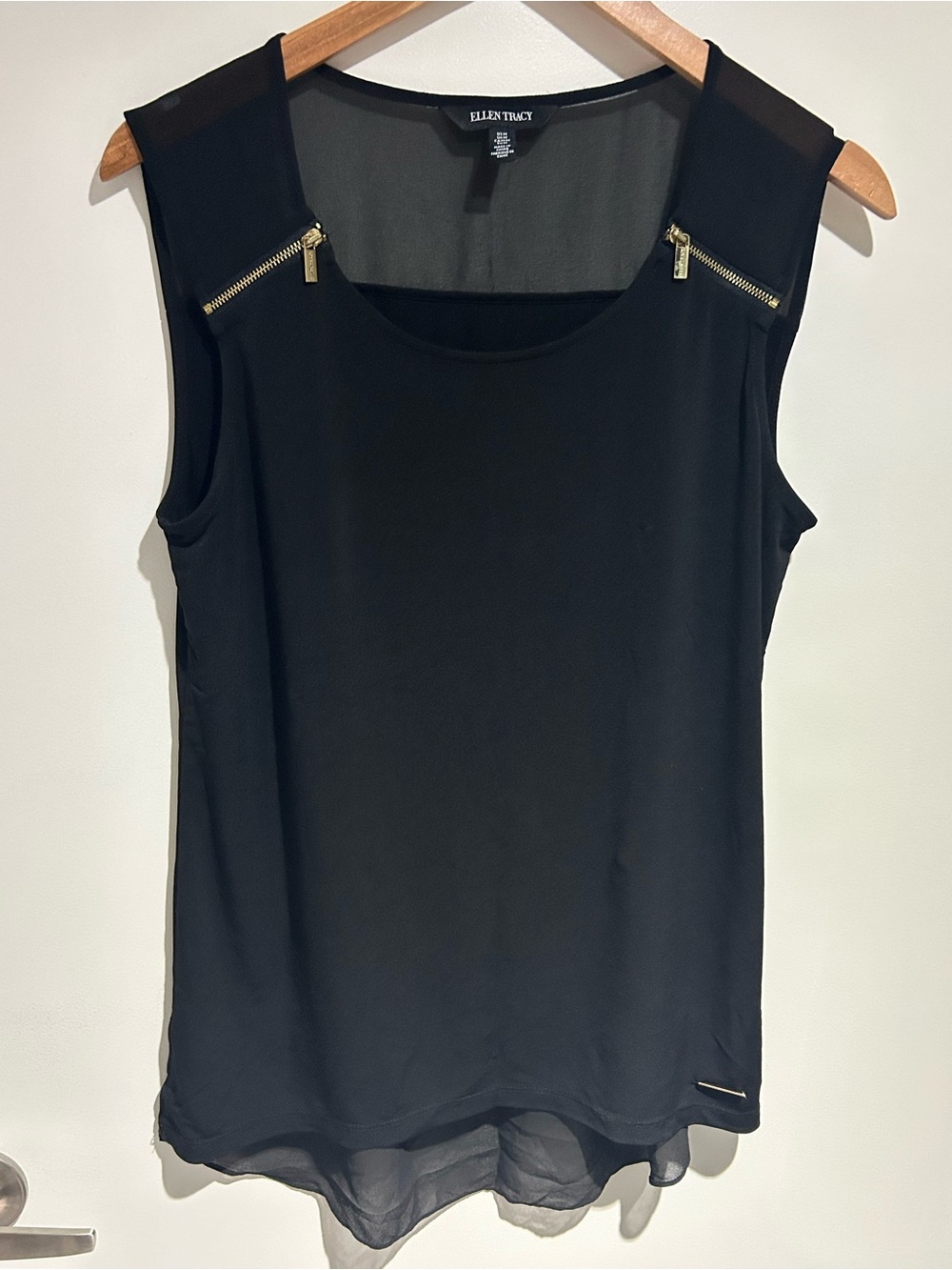 Ellen Tracy Black Sleeveless Chiffon-Trim Zip-Shoulder Top